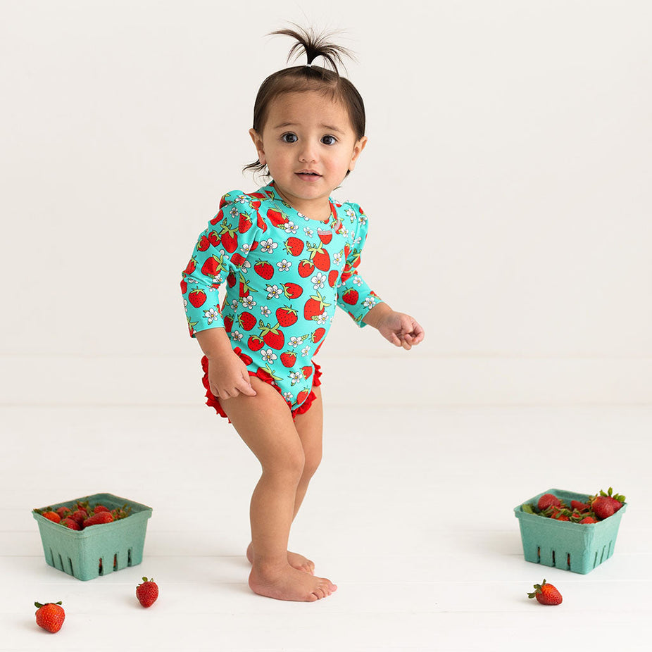 Happy Berry Long Sleeve Ruffled Rash Guard Swimsuit
