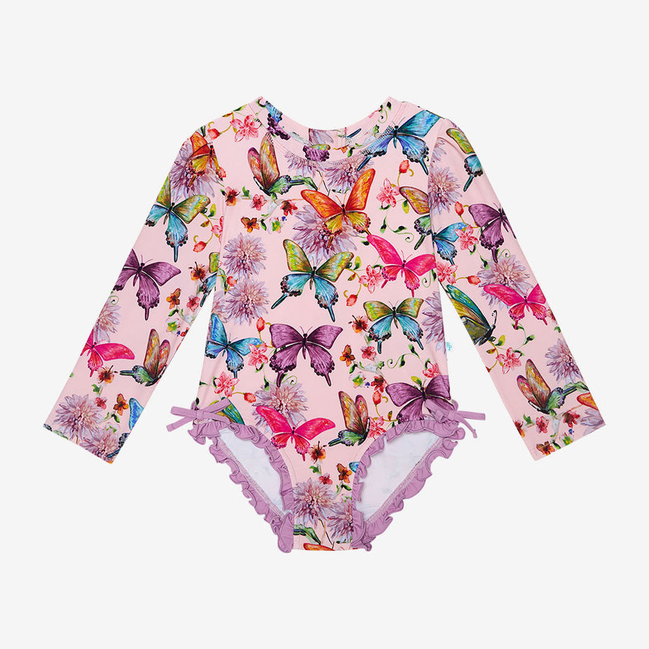 Watercolor Butterfly Long Sleeve Ruffled Rash Guard Swimsuit