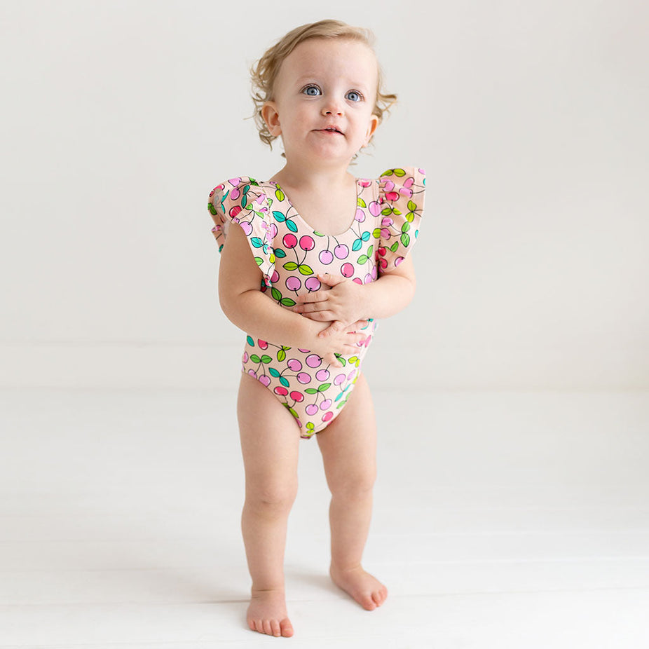 Summer Cherry Ruffled Cap Sleeve One Piece Swimsuit