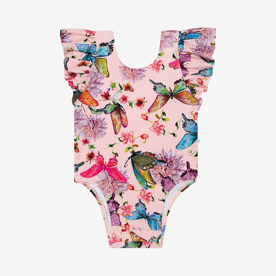 Watercolor Butterfly Ruffled Cap Sleeve One Piece Swimsuit