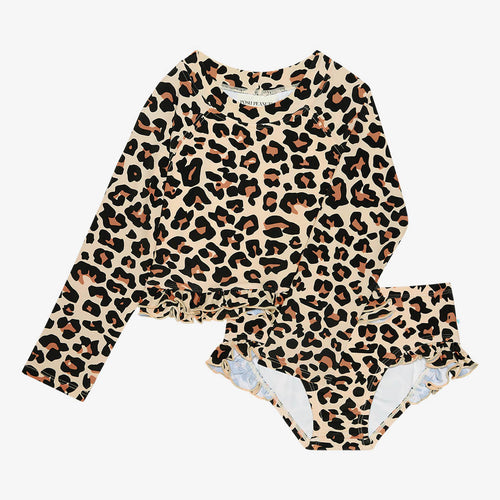 Lana Leopard Tan Long Sleeve Rash Guard Ruffled Bummie Set