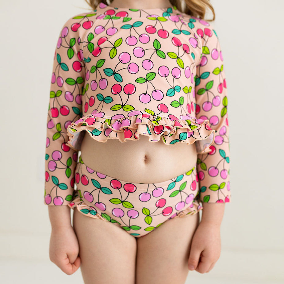 Summer Cherry Long Sleeve Rash Guard Ruffled Bummie Set
