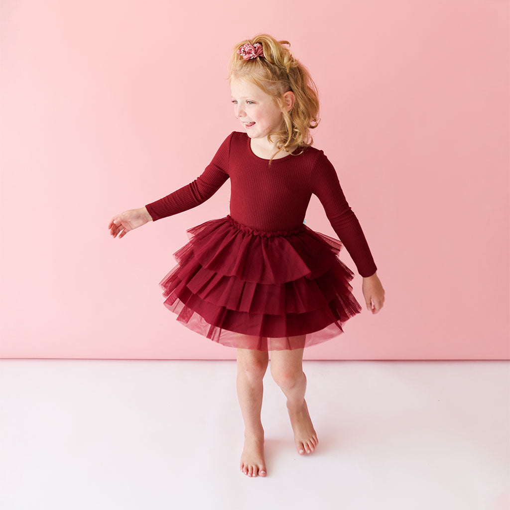 Dark Cherry Ribbed Long Sleeve Tulle Dress