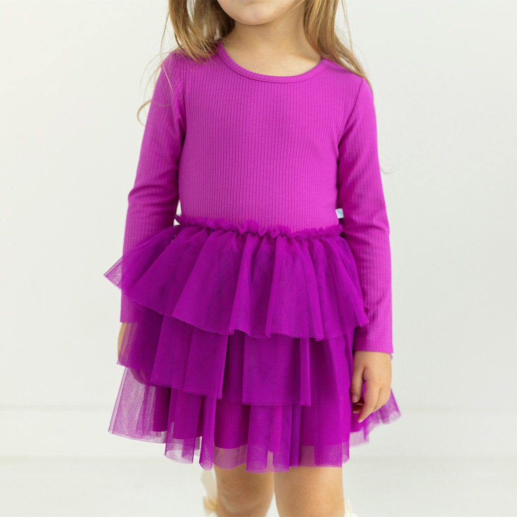 Posh Plum Ribbed Long Sleeve Tulle Dress