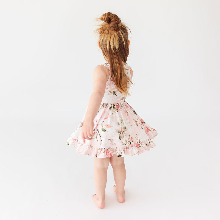 Vintage Pink Rose Racerback Ruffled Twirl Dress