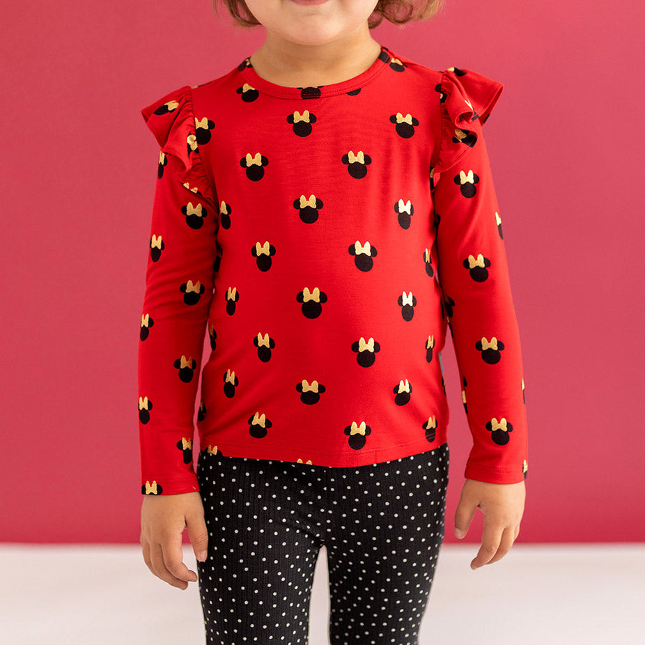 Disney Holiday Minnie Mouse Polka Dot Long Sleeve Ruffled Shoulder Top