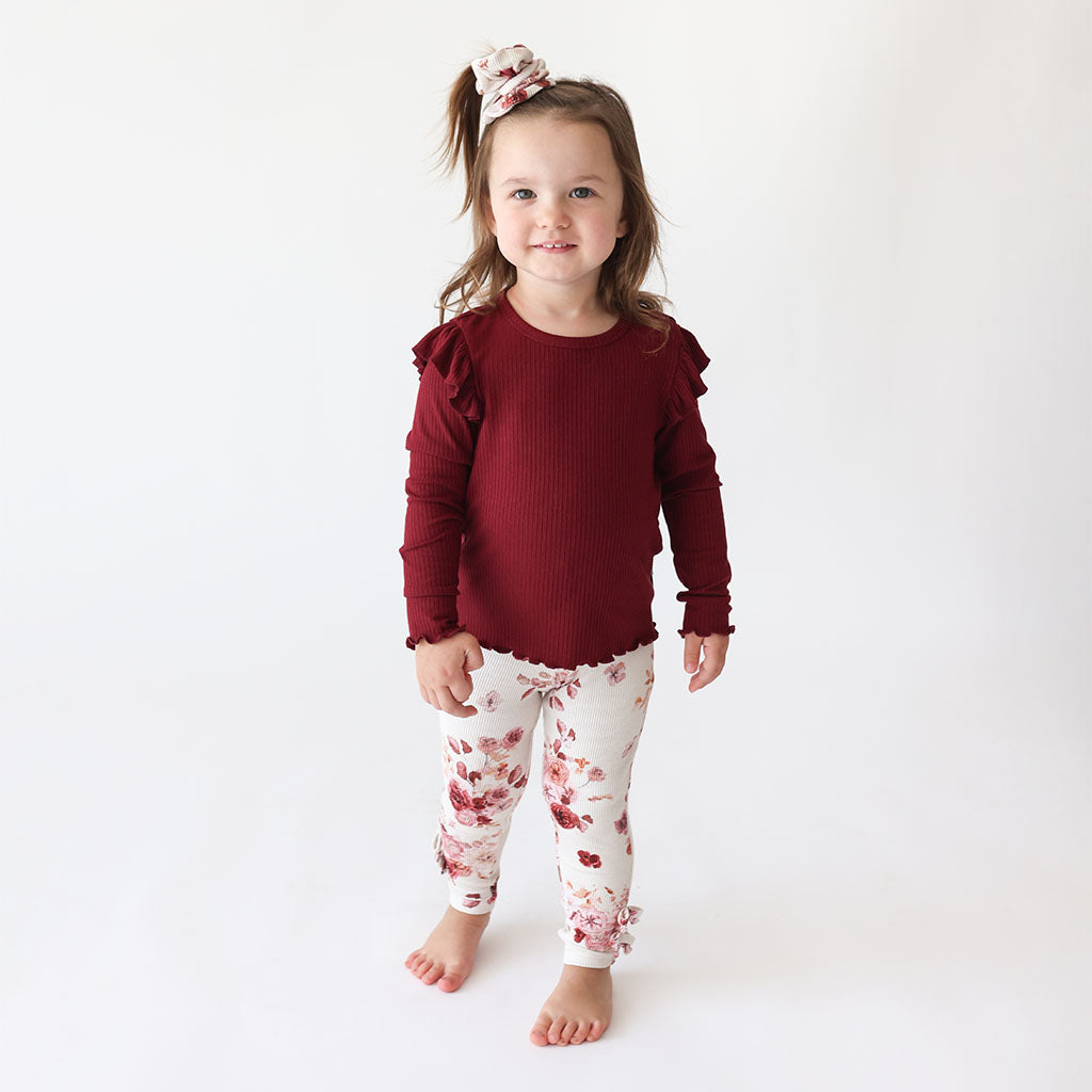 Dark Cherry Ribbed Long Sleeve Lettuce Ruffled Top