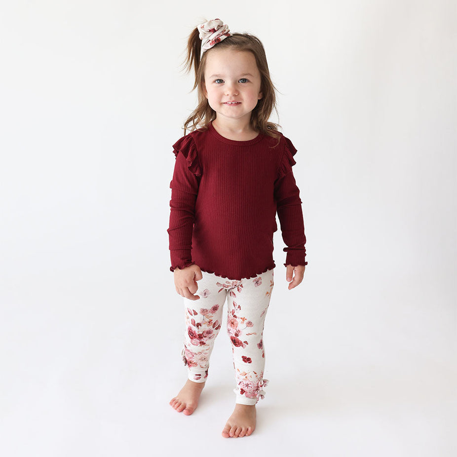Dark Cherry Ribbed Long Sleeve Lettuce Ruffled Top