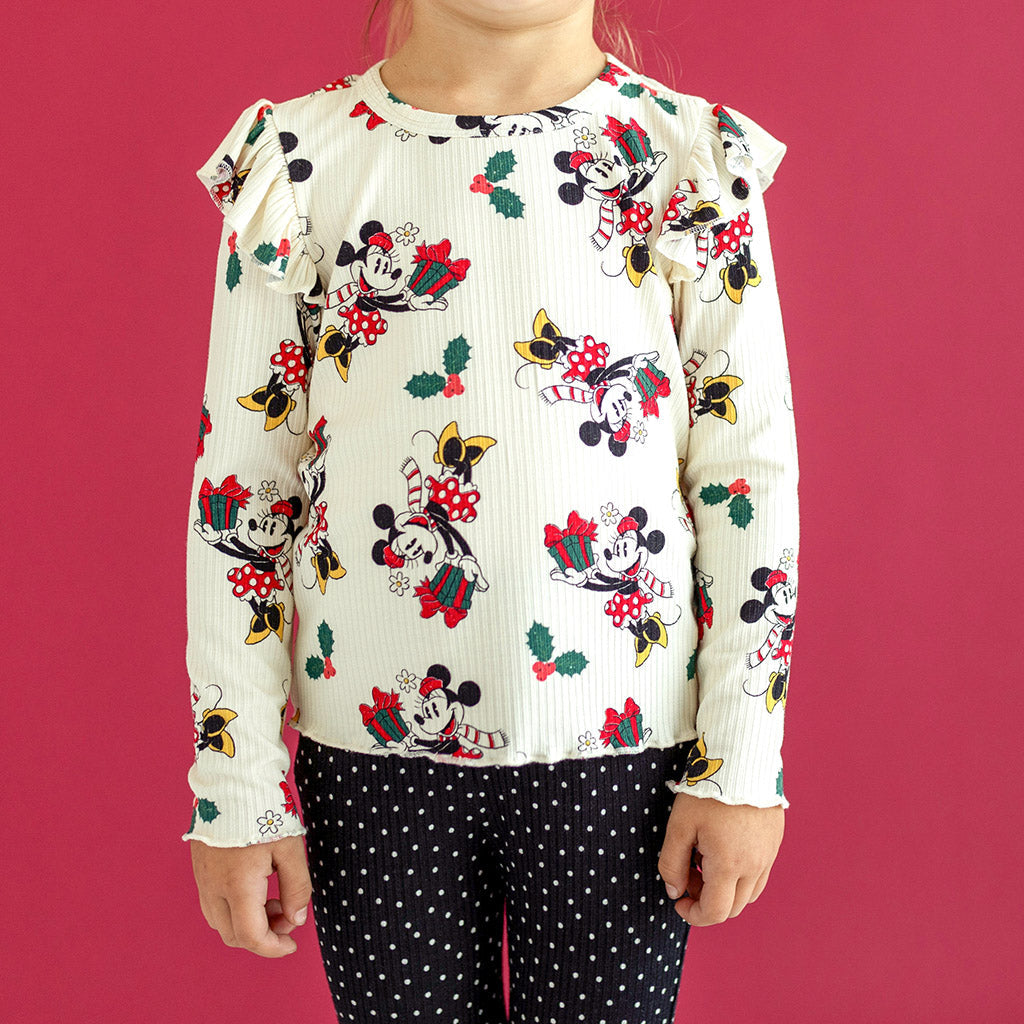 Disney Minnie Mouse Holiday Long Sleeve Lettuce Ruffled Top