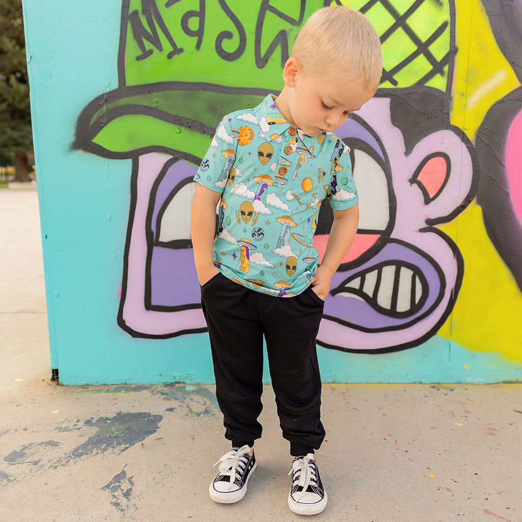 Flying Saucer Short Sleeve Collared Henley Top