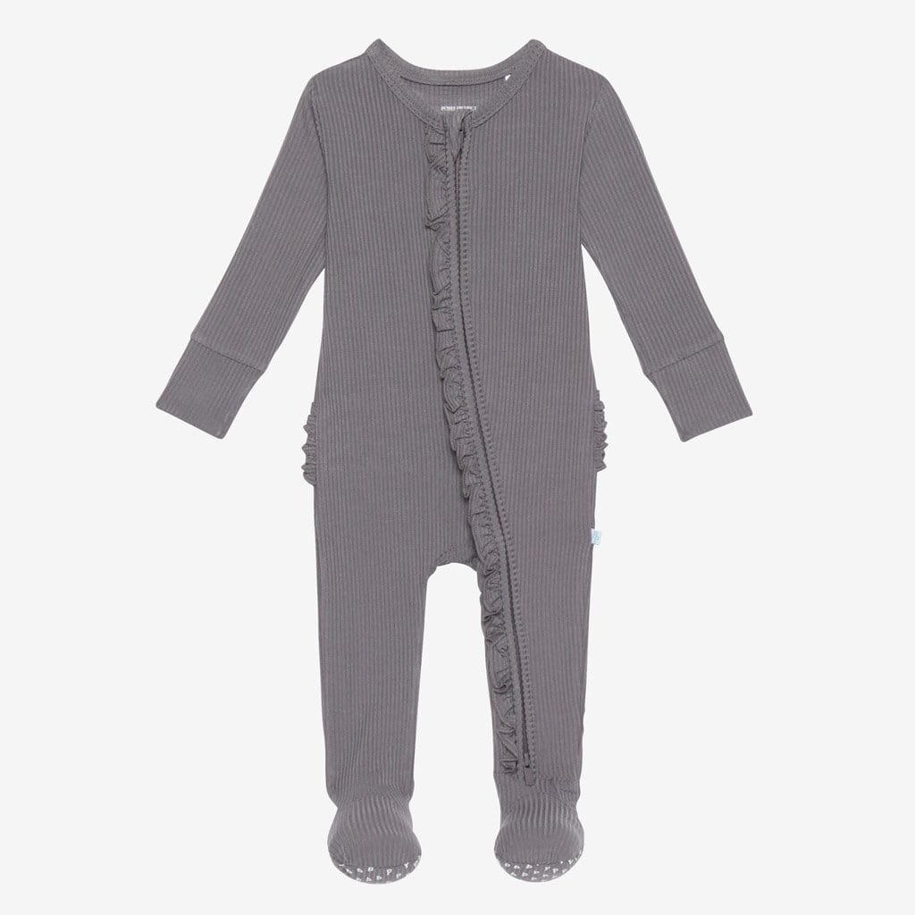Charcoal Ribbed Footie Ruffled Zippered One Piece