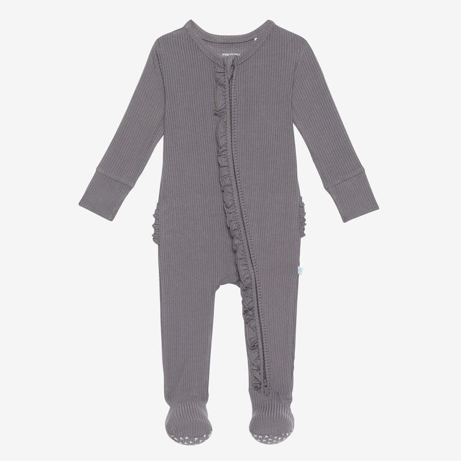 Charcoal Ribbed Footie Ruffled Zippered One Piece