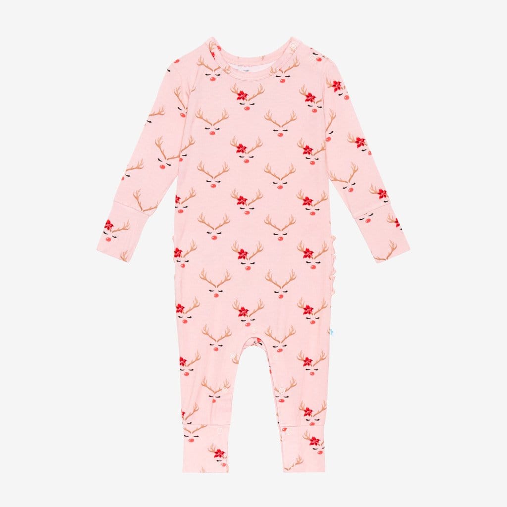Clarice Long Sleeve Ruffled Romper with Reindeer Print