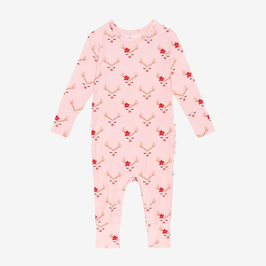 Clarice Long Sleeve Ruffled Romper with Reindeer Print