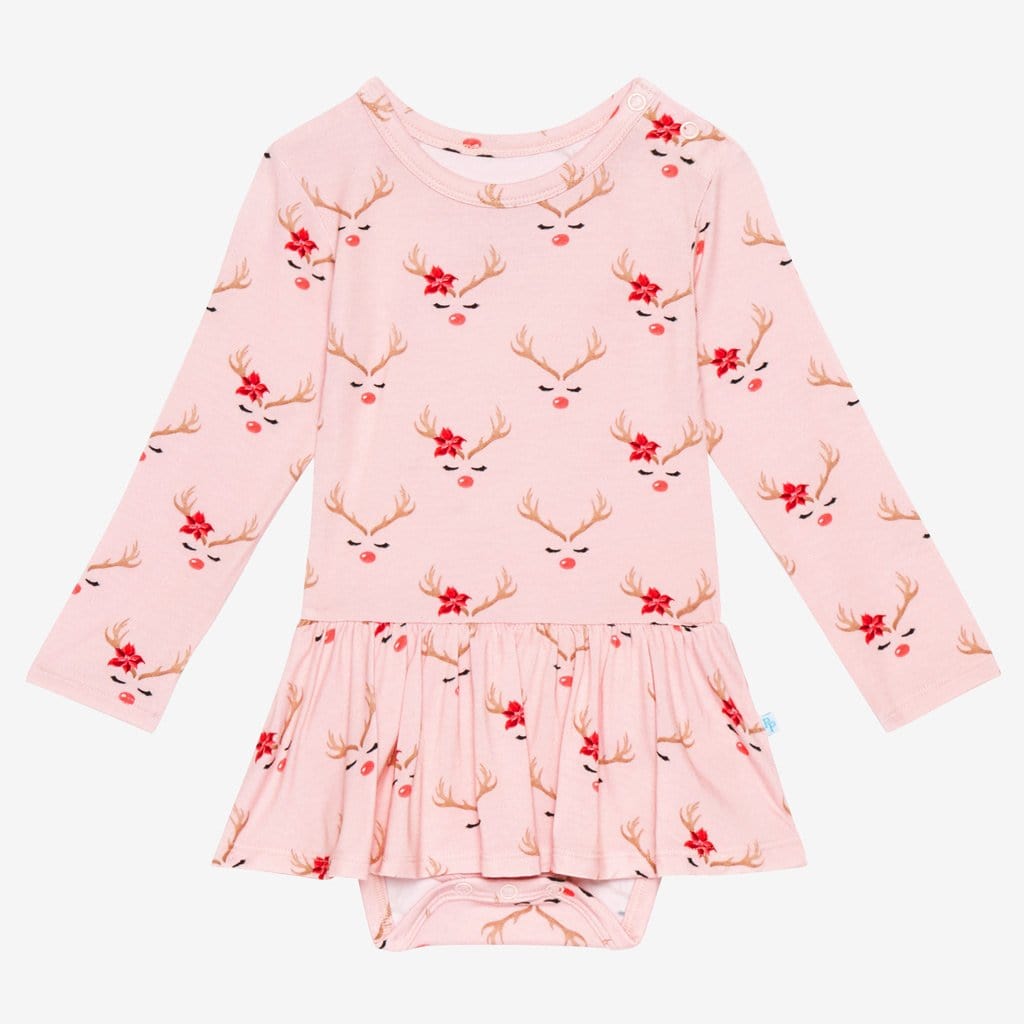 Clarice Long Sleeve Twirl Skirt Bodysuit with Reindeer Print