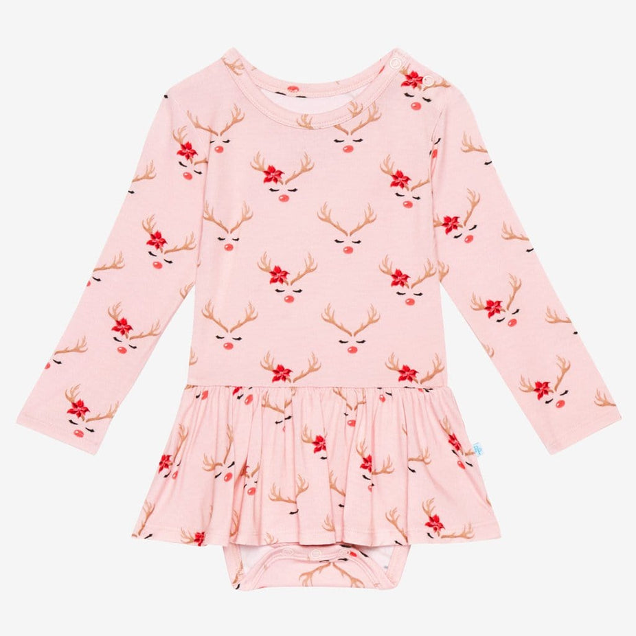 Clarice Long Sleeve Twirl Skirt Bodysuit with Reindeer Print
