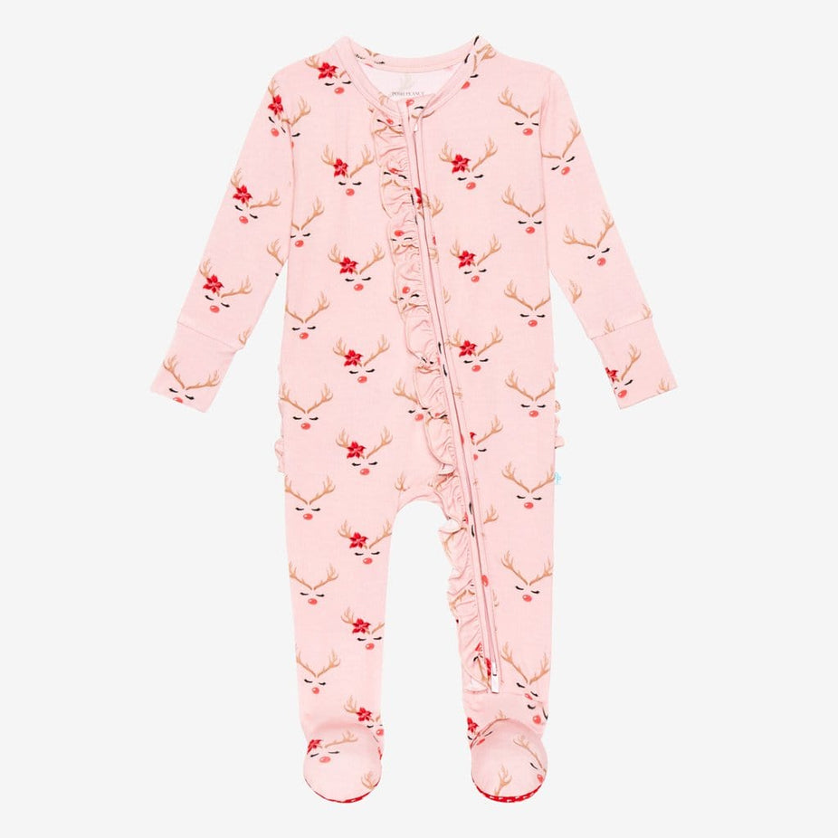 Clarice Footie Ruffled Zippered One Piece with Reindeer Print