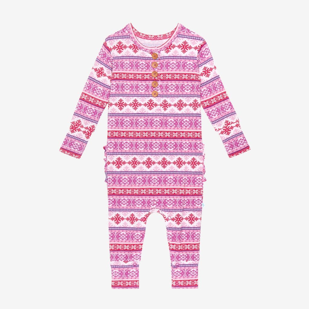 Maya Long Sleeve Ruffled Henley Romper in purple and red print
