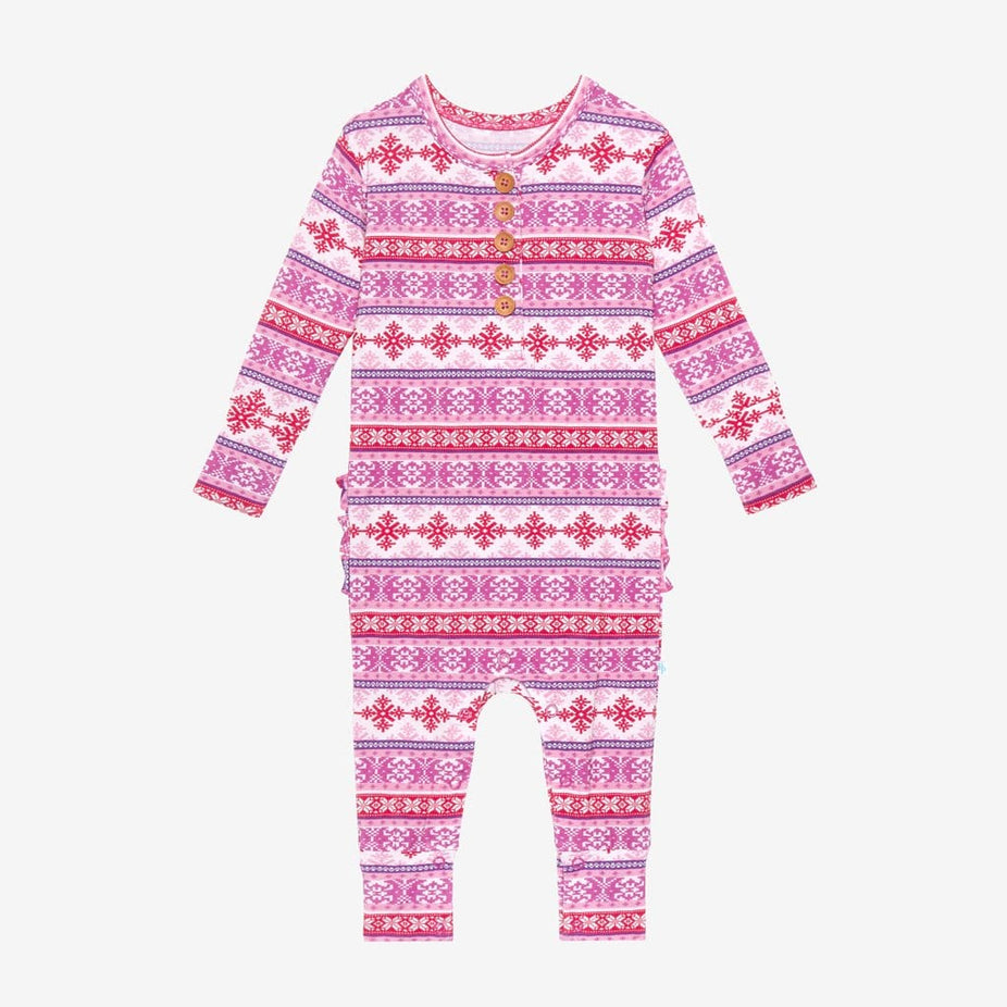 Maya Long Sleeve Ruffled Henley Romper in purple and red print