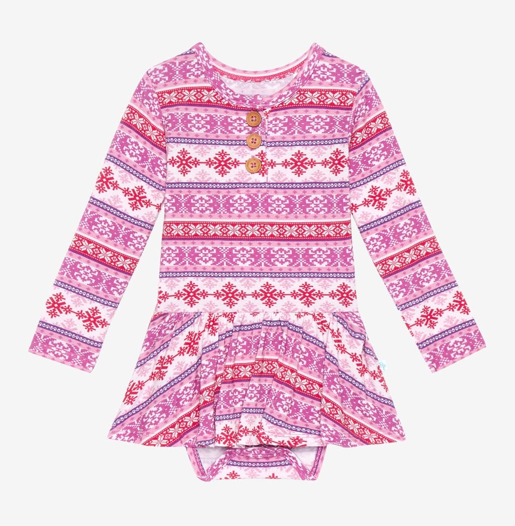 Maya Long Sleeve Henley Twirl Skirt Bodysuit in purple and red print