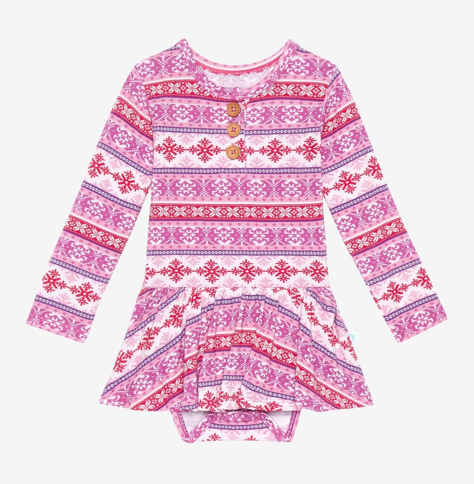 Maya Long Sleeve Henley Twirl Skirt Bodysuit in purple and red print