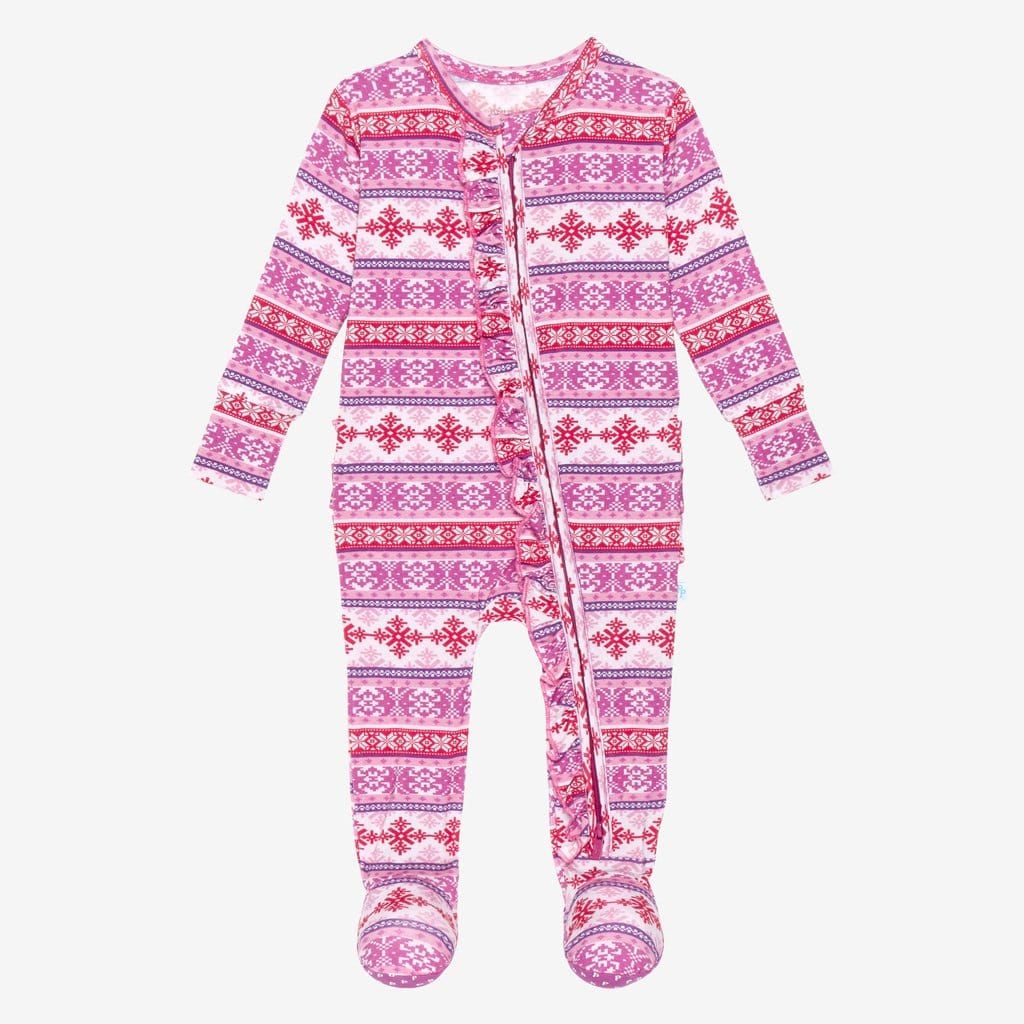 Maya Footie Ruffled Zippered One Piece in purple and red print