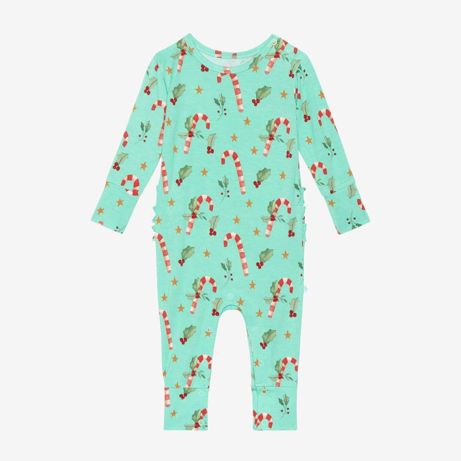 Peppermint Long Sleeve Ruffled Romper with Candy Cane Print
