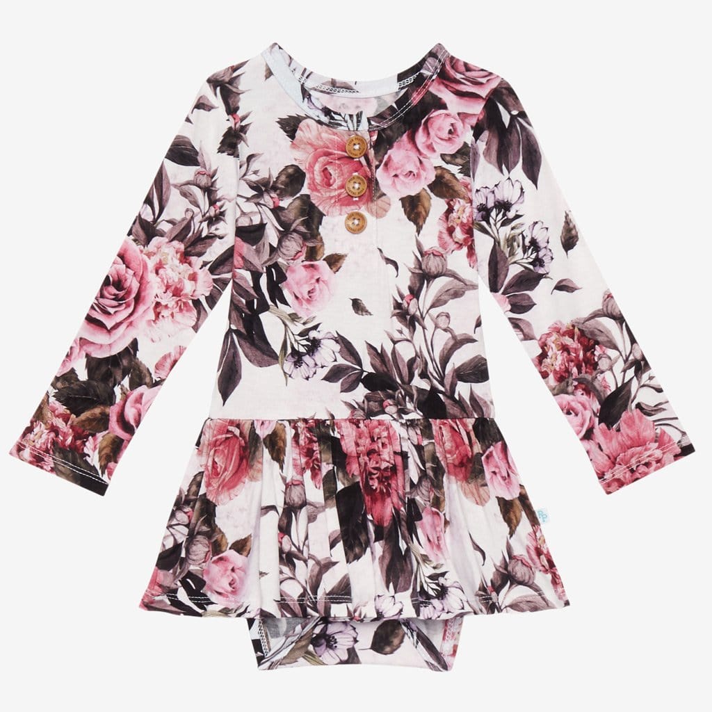 Rima Pink Floral Long Sleeve Henley Twirl Skirt Bodysuit