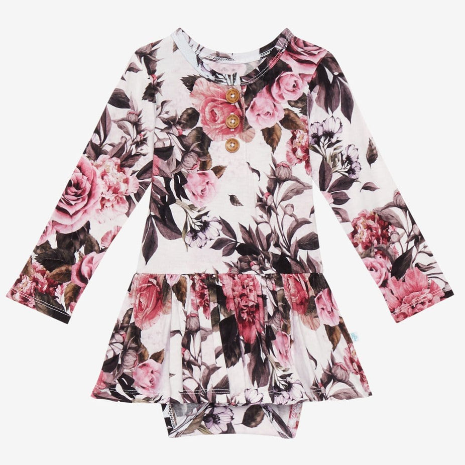 Rima Pink Floral Long Sleeve Henley Twirl Skirt Bodysuit