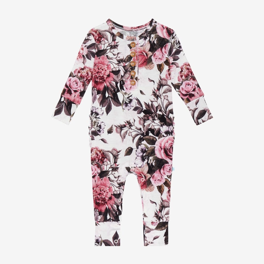 Rima Pink Floral Long Sleeve Ruffled Henley Romper