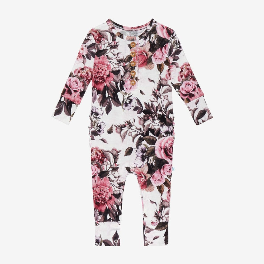 Rima Pink Floral Long Sleeve Ruffled Henley Romper