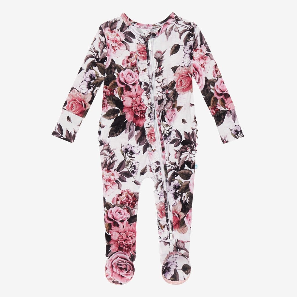 Rima Pink Floral Footie Ruffled Zippered One Piece