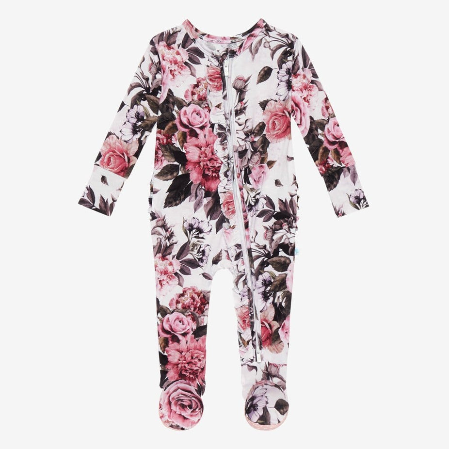 Rima Pink Floral Footie Ruffled Zippered One Piece