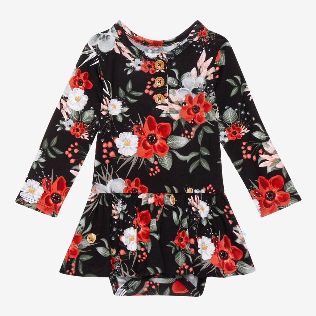 Rowena Black Floral Long Sleeve Henley Twirl Skirt Bodysuit
