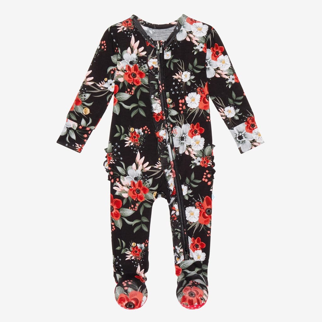Black Floral Rowena Footie Ruffled Zippered One Piece