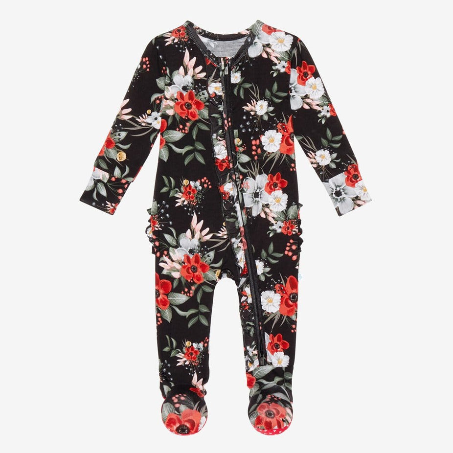 Black Floral Rowena Footie Ruffled Zippered One Piece