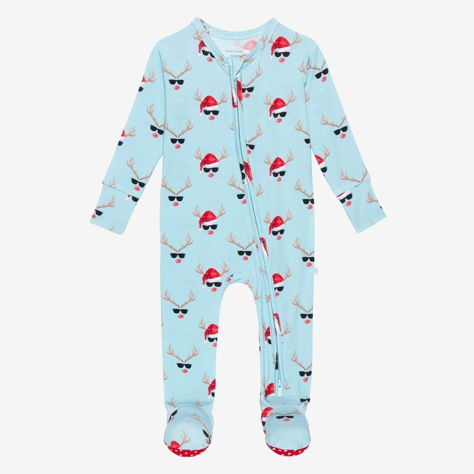 Rudy Footie Zippered One Piece with Reindeer Print