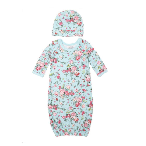 Turquoise Floral Newborn Gown with Beanie