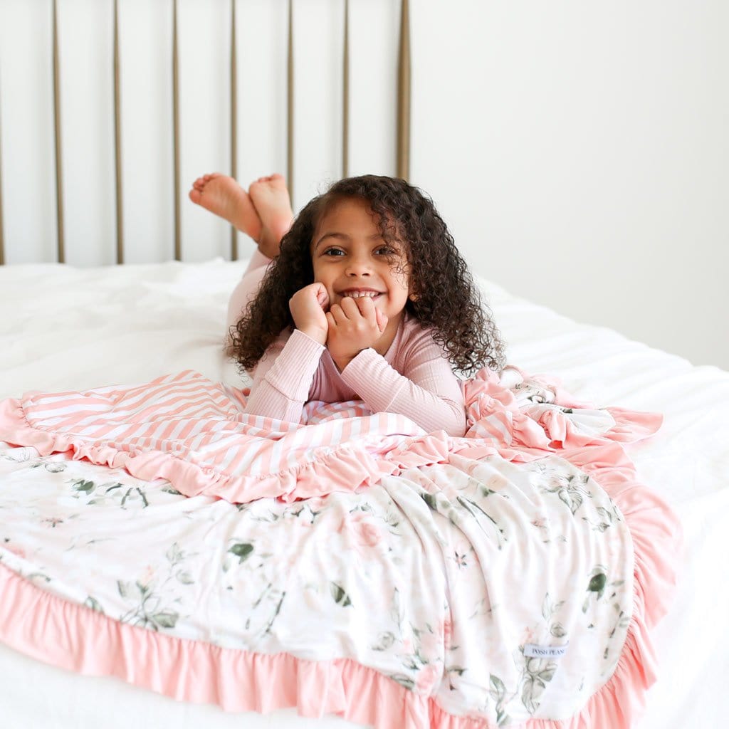 Vintage Pink Rose & Rose Stripe Ruffled Luxe Patoo® Blanket