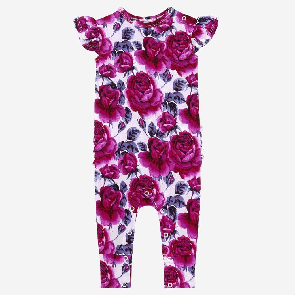Violet ruffled cap sleeve romper