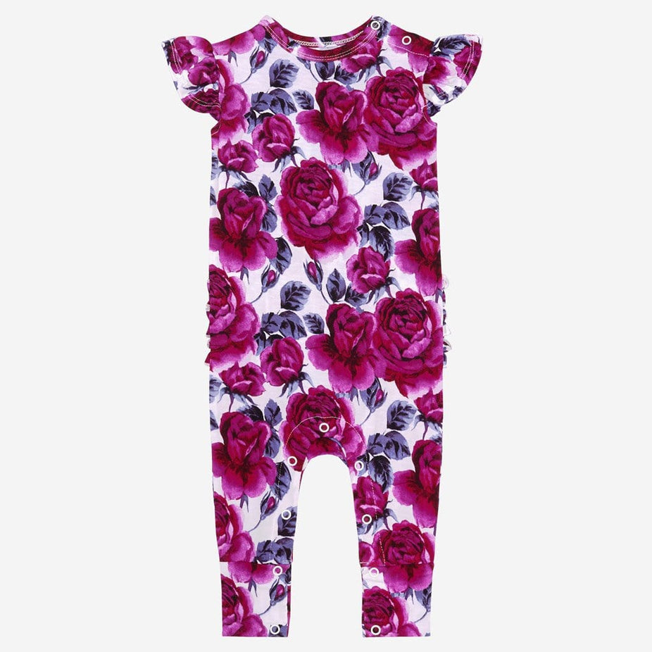 Violet ruffled cap sleeve romper
