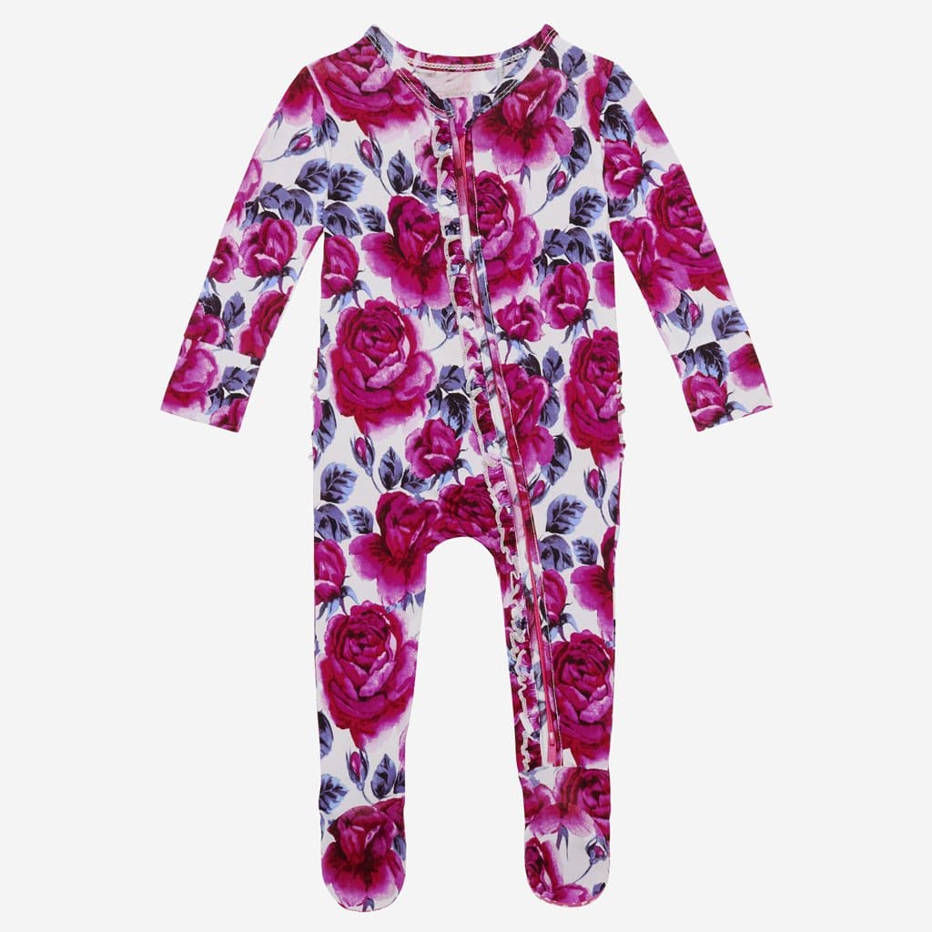 Violet footie ruffled zippered one piece