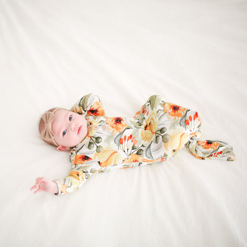 Mustard Orange Floral Button Knotted Gown