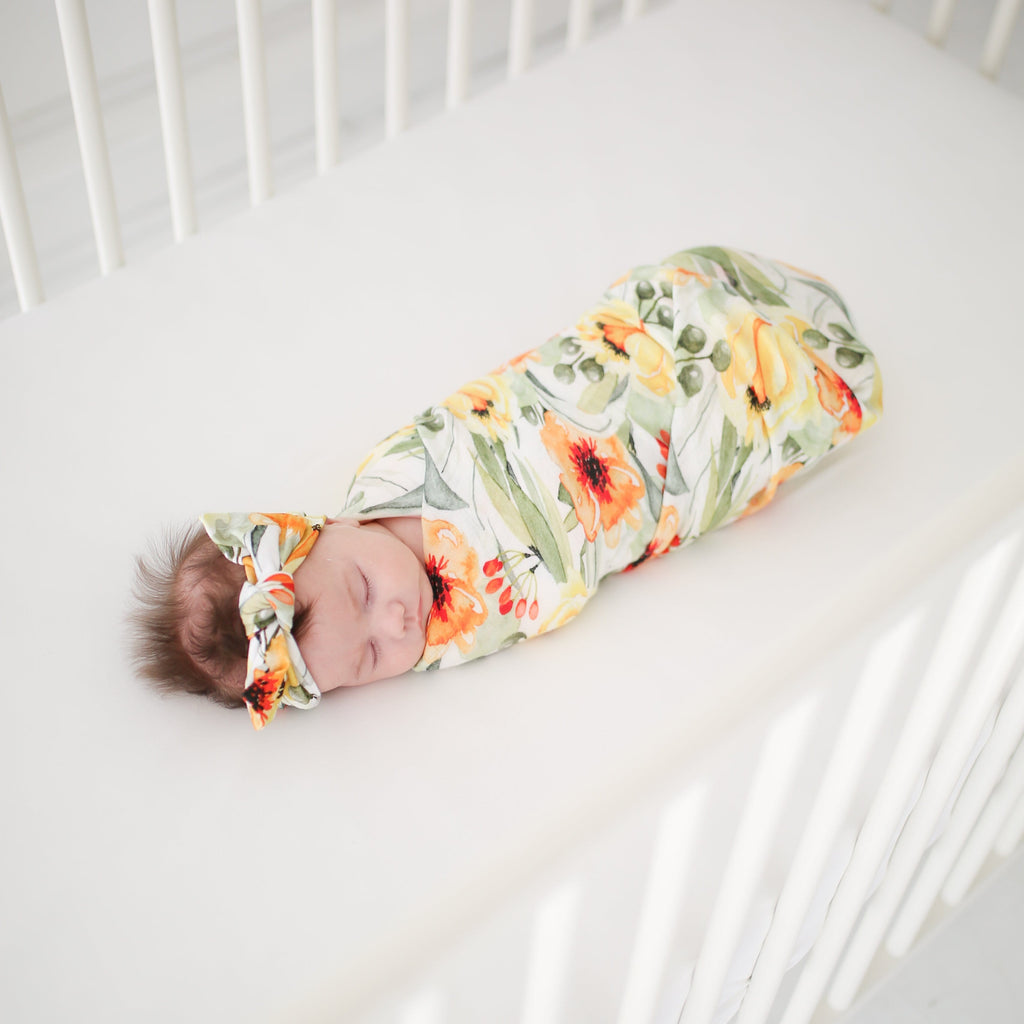 Mustard Orange Floral Muslin Swaddle