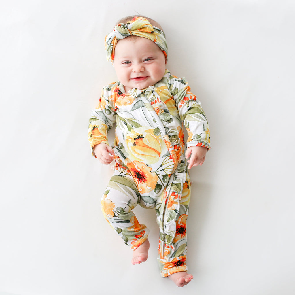 Mustard Orange Floral Ruffled Zippered One Piece