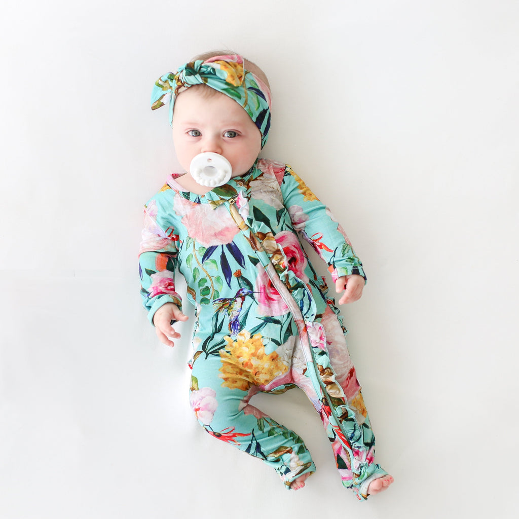 Tuscan Teal Ruffled Zippered One Piece