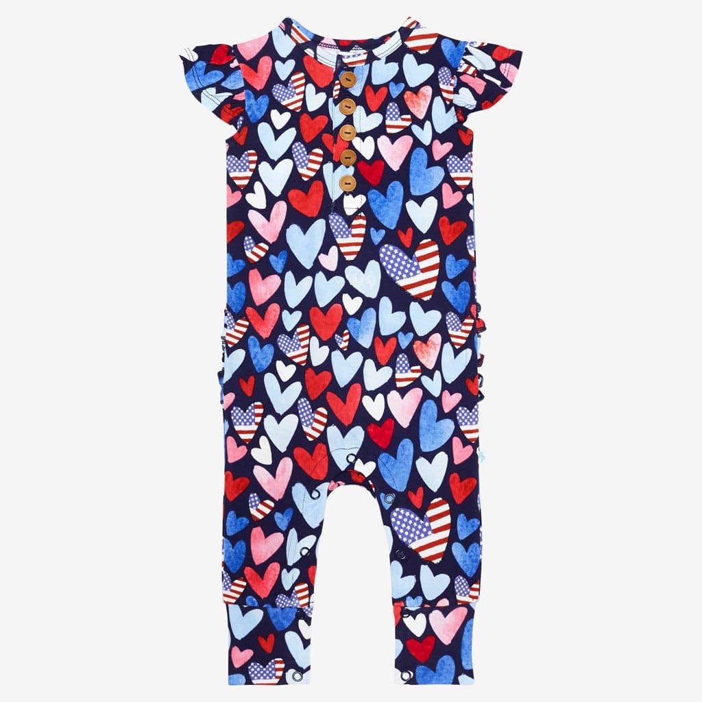 Liberty ruffled cap sleeve henley romper