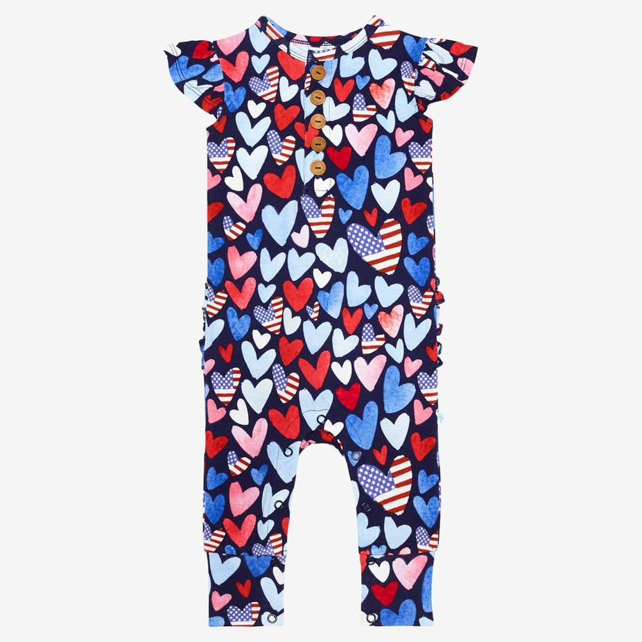 Liberty ruffled cap sleeve henley romper